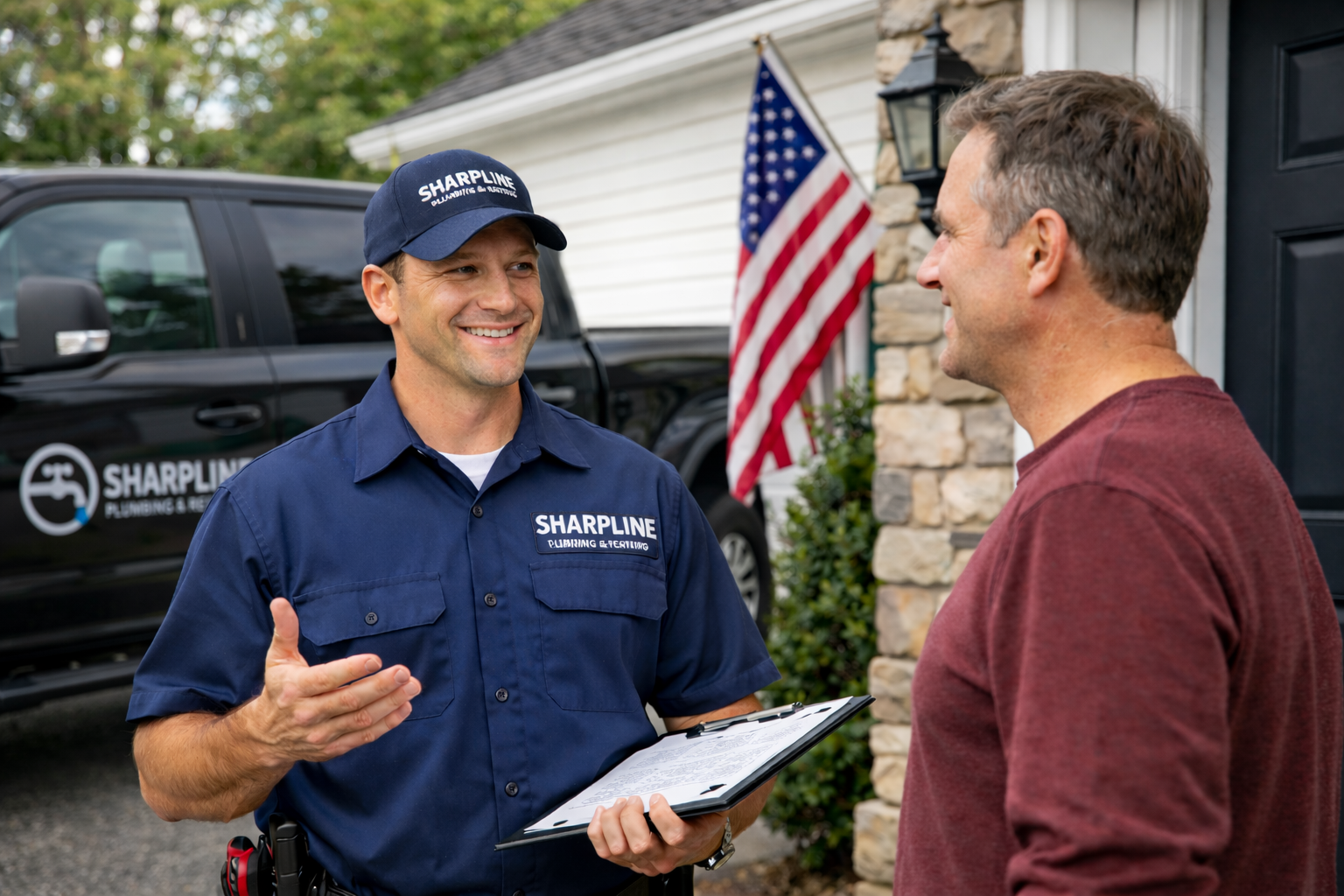 Sharpline Plumbing & Renovation plumber speaking with Pennsylvania homeowner in front of black service pickup truck