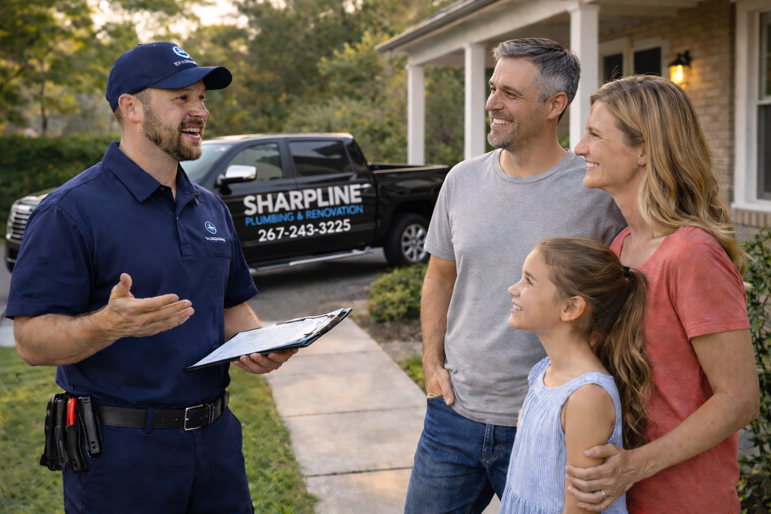 Sharpline Plumbing & Renovation plumber speaking with Philadelphia family outside their home with branded service truck