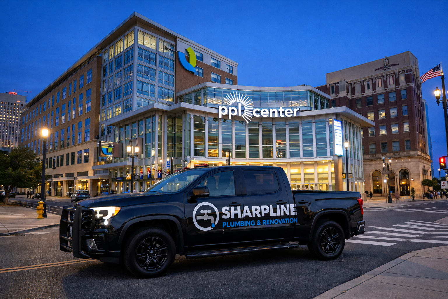 Sharpline Plumbing Truck at PPL Center Allentown PA Sharpline Plumbing & Renovation black service truck parked in front of the PPL Center in downtown Allentown, Pennsylvania.