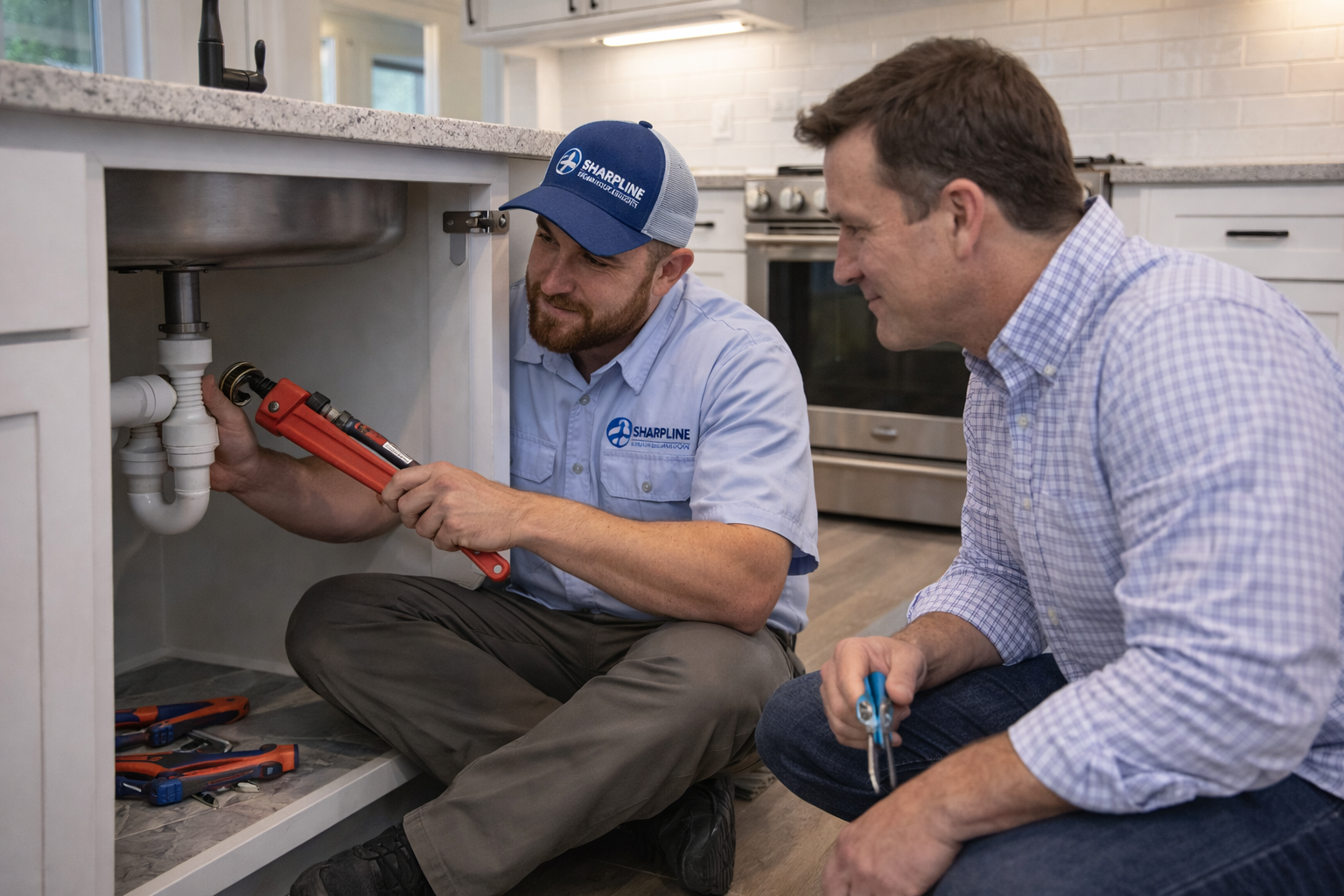 Sharpline Residential Plumber Repairing Kitchen Sink Pennsylvania Sharpline Plumbing & Renovation licensed plumber repairing kitchen sink pipes for a homeowner in Pennsylvania.