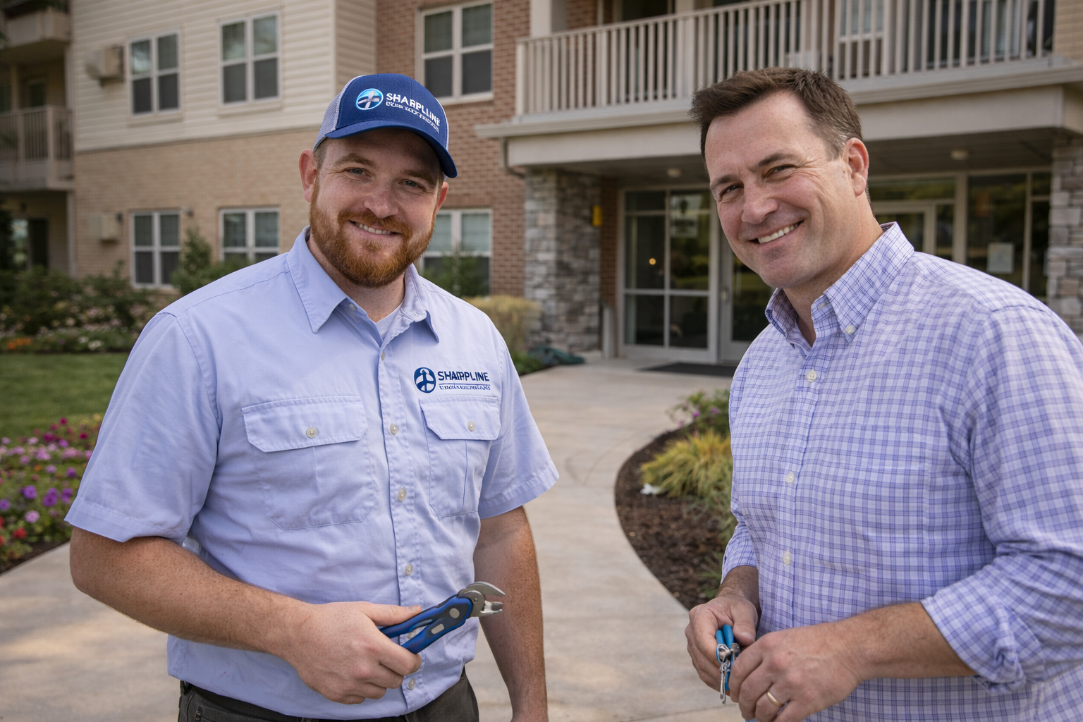 Sharpline Plumbing Apartment Property Management Pennsylvania Sharpline Plumbing & Renovation technician standing with property manager outside an apartment building in Pennsylvania.