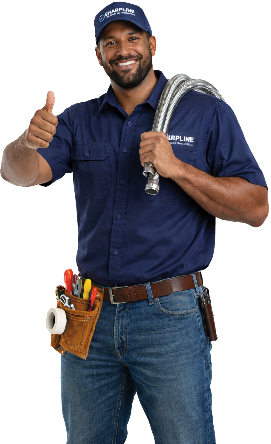 Sharpline Residential Plumber Pennsylvania Sharpline Plumbing & Renovation licensed residential plumber in Pennsylvania holding plumbing hose and tools, ready for emergency plumbing repair and home service.